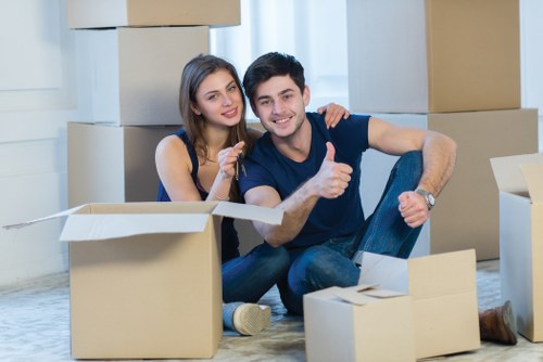 Packed office furniture and equipment ready for a business move